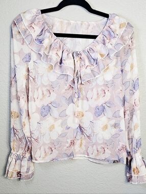 Dazy Sheer Floral Ruffle Blouse Cottagecore Bell Sleeve Top S